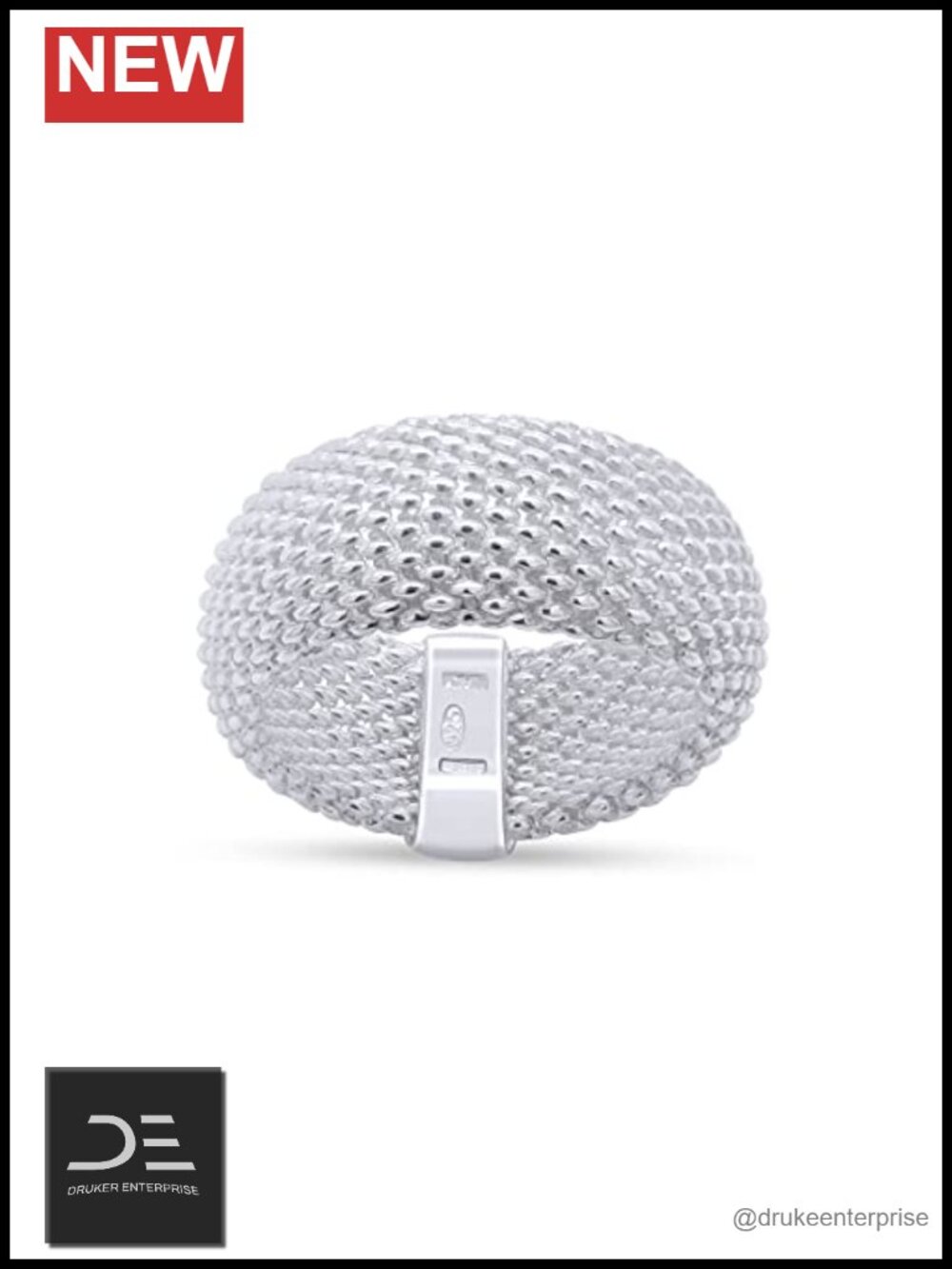Domed Comfort Fit Mesh Link Band Ring 14K White Gold Over Sterling Silver
